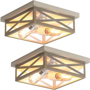 2 Pack White Flush Mount Ceiling Light, Farmhouse Ceiling Light Fixtures, 2-Light Rustic Metal Finish Industrial Kitchen Light Fixture for Bedroom, Hallway Light