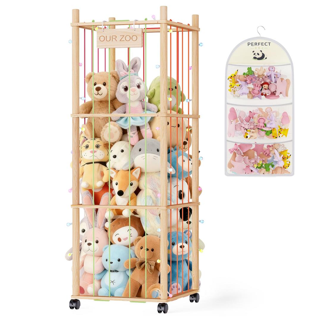 Stuffed Animal Storage & Organizer - Wooden Stuffed Animal Holder - 53.6" Stuffed Animal Zoo with Thicker Bands - Large Capacity Stuffy Storage for Playroom/ Living Room/ Nursery Room/ Bedroom