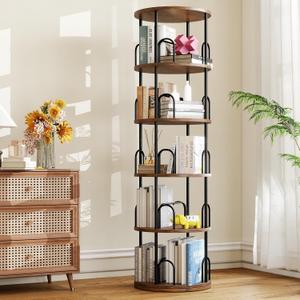 5-Tier Rotating Bookshelf, 360 Round Spinning Book Shelf Tower, Tall Skinny Wood & Metal Bookshelf for Corner/Office/Home, Modern Industrial Vintage Style