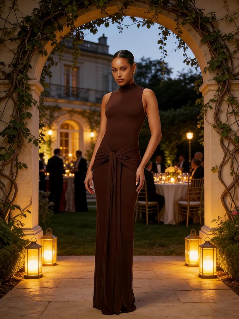 Elegance Sleeveless Turtleneck Maxi Dress for WomenChocolate Brown Ruched Knot Waist Bodycon Evening Gown (Medium)
