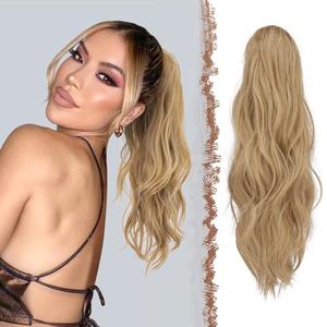 FESHFEN Ponytail Extensions, Long Claw Clip in Ponytail Hairpiece Synthetic Pony Tails Hair Piece Natural Wavy Hairpieces for Women, 20 inch Blonde & Ash Blonde Mixed