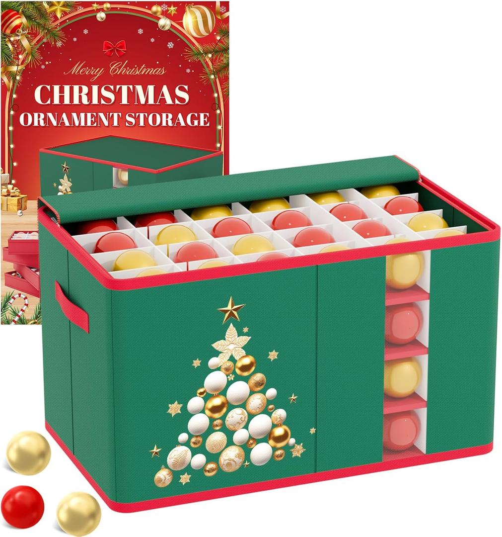 FOTSHARER Christmas Ornament Storage Box with 4 Adjustable Trays Holds up to 96 Ornaments Christmas Ornament Boxes with Dividers Ornament Organizer Storage Box Holiday Xmas Decorations Storage Bin (Green)