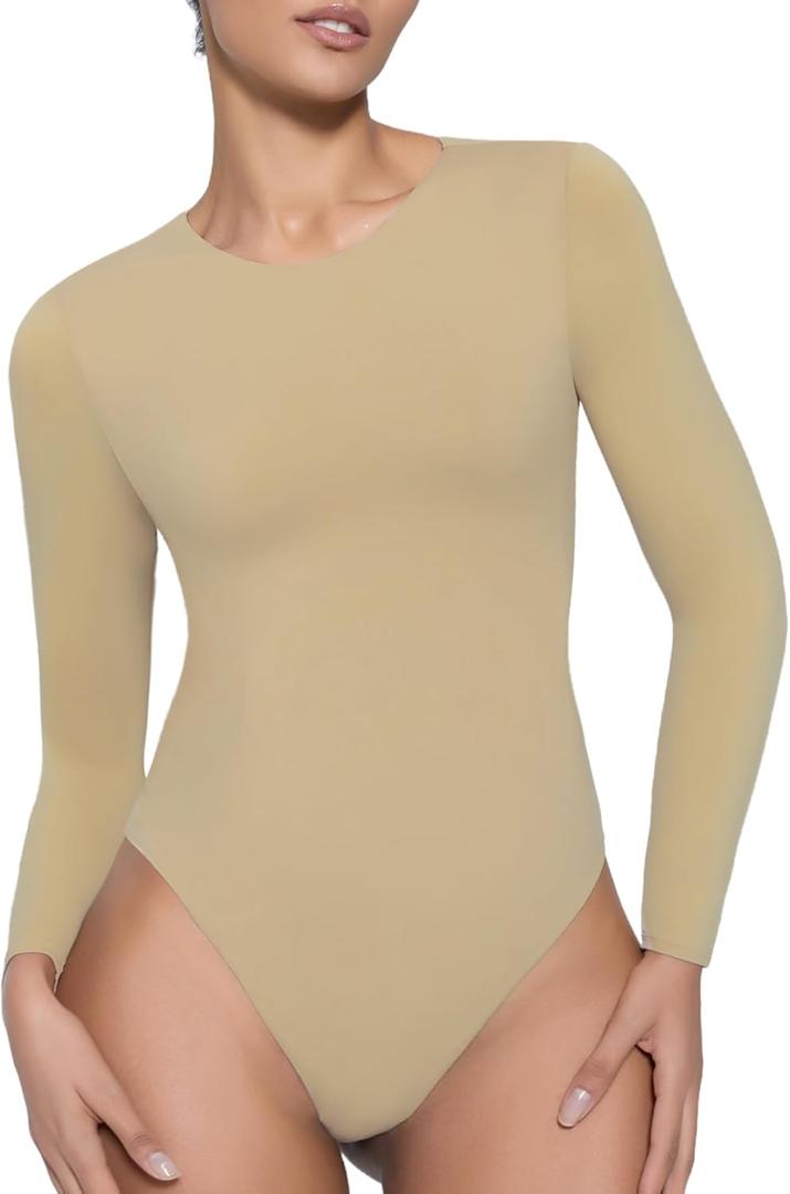 Avidlove Long Sleeve Bodysuits for Women Y2K Crew Neck Body Suit Double Lined Thong Bodysuit Slimming Basic Tops (Medium, Khaki)