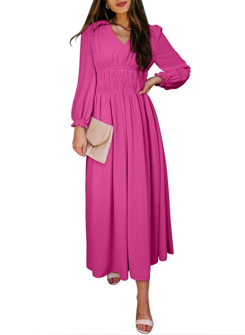 BLENCOT Women Casual Flounce Long Sleeve Dress Fall V Neck Bright Rosy XL