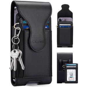 X-Large Belt Holster for iPhone 15 14 13 12 Pro Max/Plus with Separable Multipurpose Card Holder, Cell Phone Belt Holder for Men Compatible with Samsung Galaxy Note, Plus, FE, Models (Black)