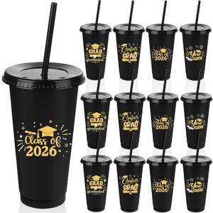 Kochorie 24 Pack 24 OZ Graduation Plastic Cups with Lids and Straws Reusable Party Cups Thick Plastic Congrats Grad Tumbler Bulk for Class of 2026 Graduation Party Supplies, Black and Gold