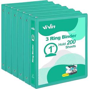 ViVin 1 Inch Round Ring View Binder for Durability, Standard 3 Ring Binder for 200 Sheets of US Letter Size Paper, PVC-Free, 6-Pack 