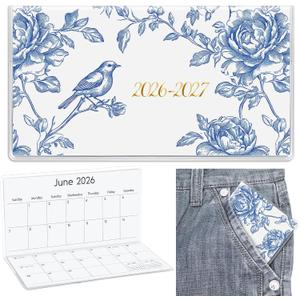 3 x ReliThick 7" x 6.5" 2026-2027 Pocket Calendar for Purse Small Monthly Planner Notebook PVC Cover Pocket Calendar Notepads Appreciation Present Gift for Women Mom Friend Teacher(Blue and White Floral)