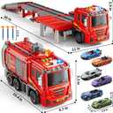 Fire Trucks Toys for Toddlers Ages 3-5, Folded Carrier Truck Race Track with with Lights & Sounds and 6 Racing Car Toys, Birthday Gift for 3 4 5 6 7 8 Years Old Boys Girls