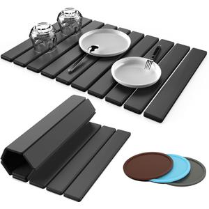 Large Stone Dish Drying Mat for Kitchen, Collapsible Diatomaceous Earth Drying Pad, Ultra Absorbent Instant Dry Kitchen Countertop Mat for Dishes, Bottles & Cups, Space-Saving, Fits Any Dcor, 24"16" (Dark Gray)