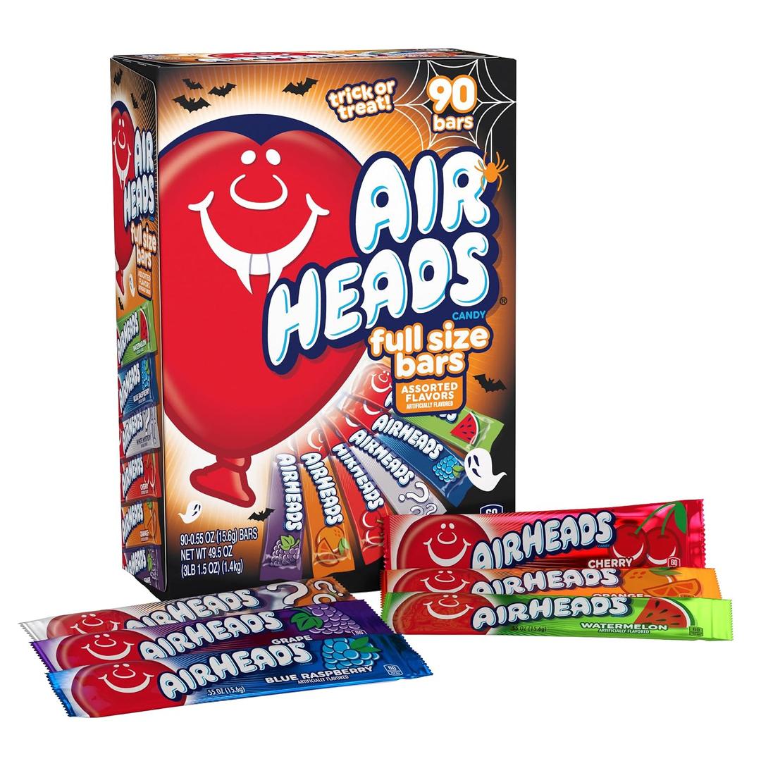Airheads Candy Bars, Halloween Variety Box, Chewy Full Size Fruit Taffy, Trick or Treat Mega Box, 90 Individually Wrapped Full Size Bars (EXP 08/25/27)