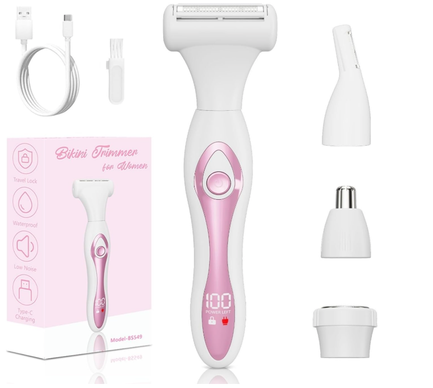 Electric Razors for Women, Painless Bikini Trimmer for Women for Silk Skin, 4-in-1 Wet/Dry Cordless Body Shaver, IPX6 Waterproof Replaceable Facial, Eyebrow, Nose Trimmer, Type-C Fast Charge, Pink