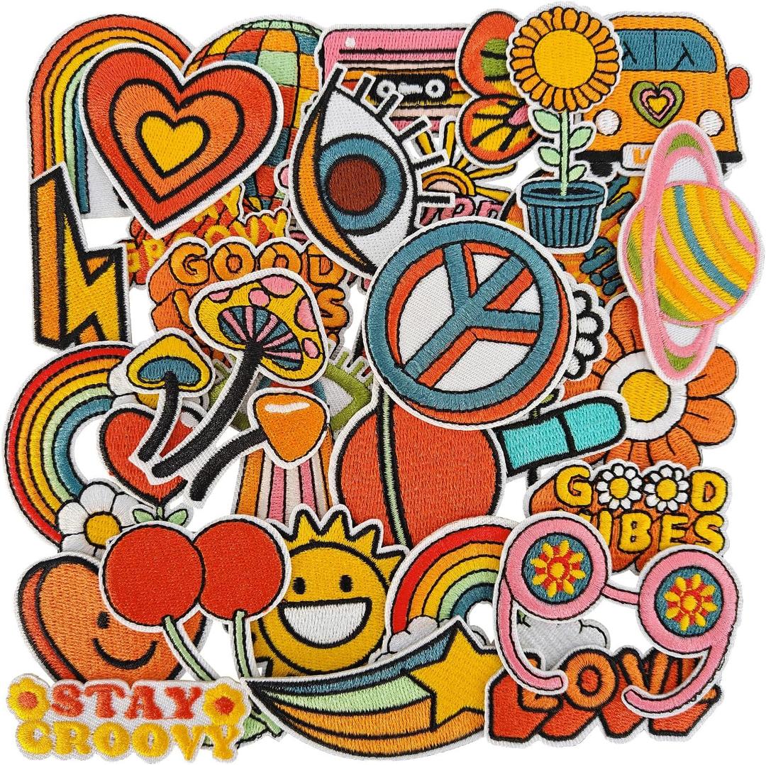 32Pcs Hippie Iron On or Sew On Patches, Embroidered Patch for Jeans, Jackets, Hats, Bags, Backpacks, Clothing