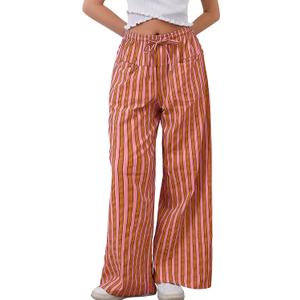 MISSACTIVER Women Drawstring Striped Pants Loose Wide Leg Trousers Casual Low Waist Pants Comfy Lounge Pants with Pockets (Small, Red)