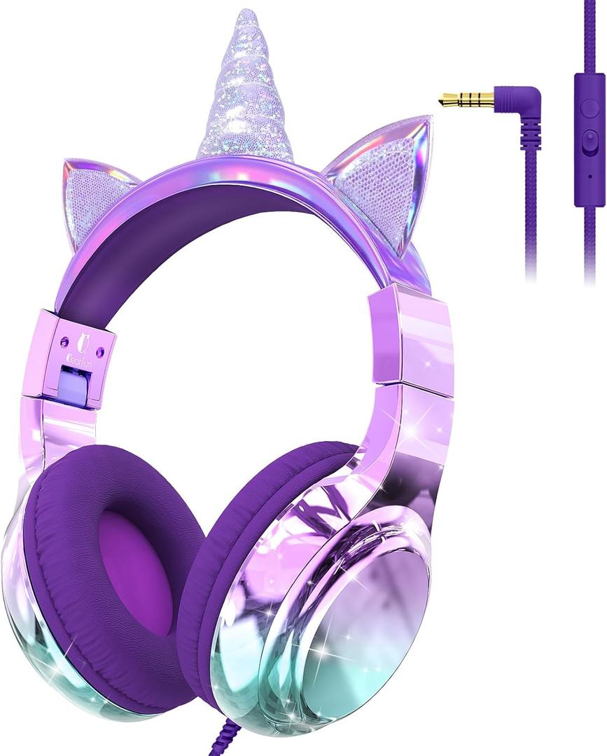 QearFun Kids Unicorn Headphones Wired with Mic, 85/94dB Safe Volume Limit, Sparkly Wired Headset, Foldable, Sharing Port & Tangle-Free Cord for School, Chromebook, Tablet, Travel, Boys & Girls