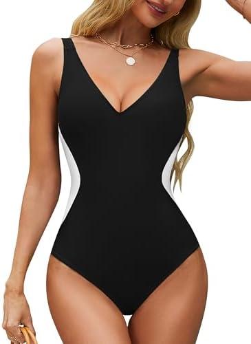 BMJL Women's One Piece Swimsuit Slimming Tummy Control Bathing Suit Deep V Neck Color Block Lace Up Back Swimwear M