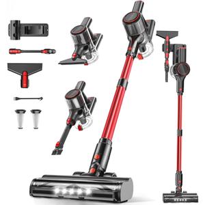 Cordless Vacuum Cleaner, 45Kpa Powerful Stick Vacuum with 50Mins Runtime, LED Display Vacuum with Rechargeable Battery, Vacuum Cleaners for Home for Hardwood Floor Carpet, Pet Hair (Red Black)