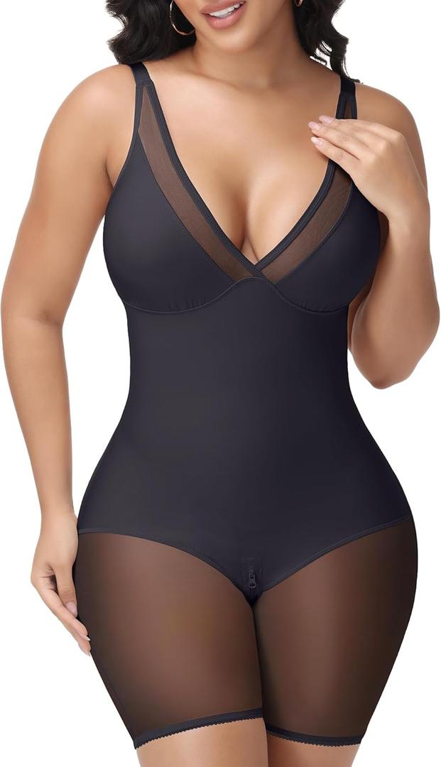 SHAPESHE Womens Shapewear Deep V Neck Bodysuit Tummy Control Slimming Faja Body Shaper Mesh Sheer Outing Outfits (Black, M)