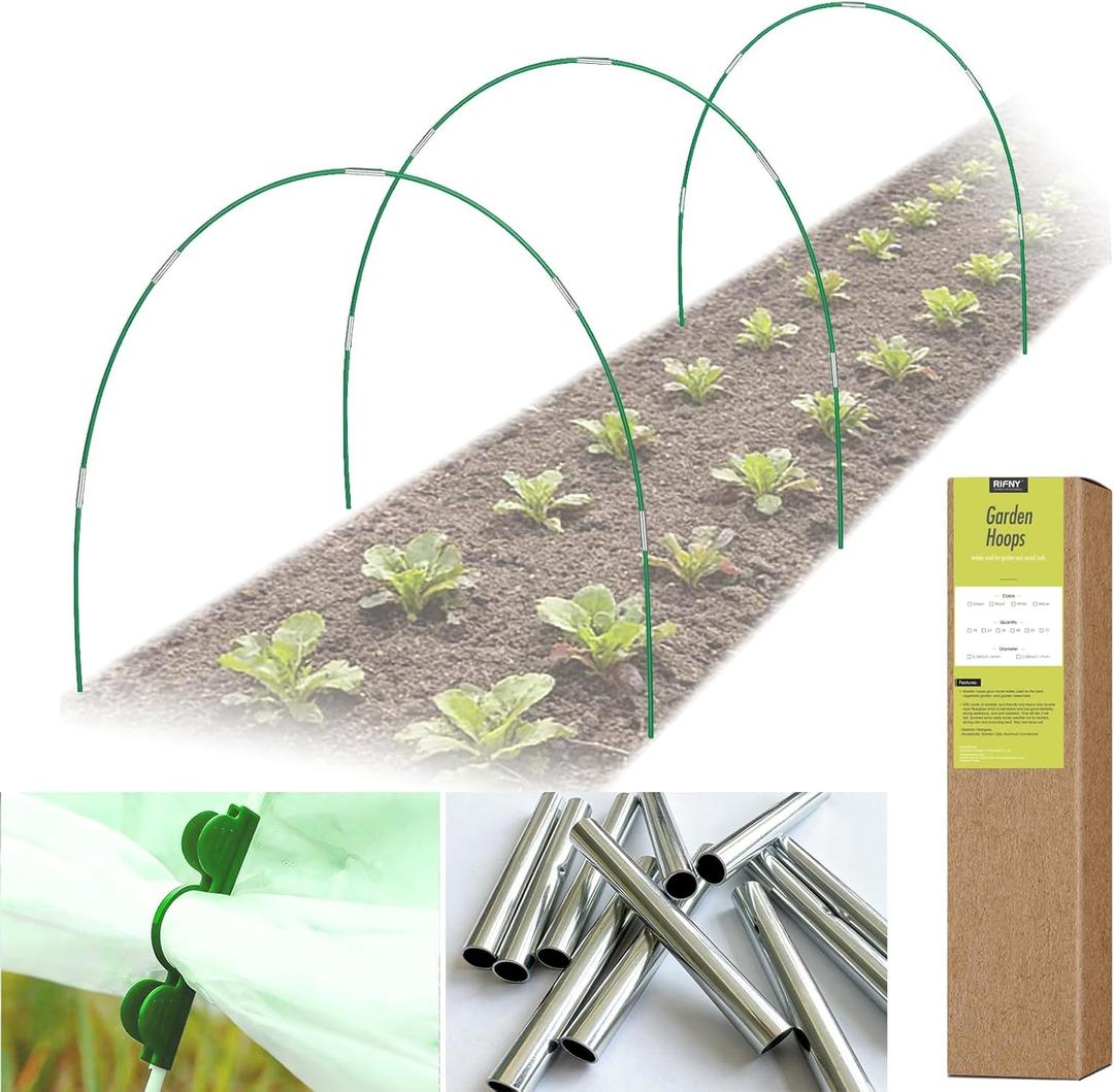 RIFNY 18 PCS Garden Hoops for Raised Beds, Greenhouse Hoops Kit Long Grow Tunnel for Row Cover, Rust-Free Fiberglass Garden Support Poles for Insect Mesh Netting Freeze Plant Cover (Green)