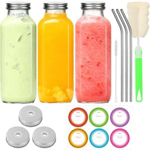 16 oz Glass Juice Bottles with Lids 3 Pack | Reusable & Leakproof Juicing Jars with Airtight & Sipping Lids, Straws & Brushes for Travel, Office, Home, Gym