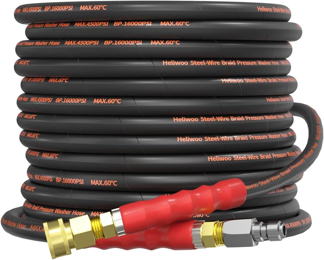 5/16" Pressure Washer Hose 50 FT, Hot and Cold Water Power Washer Hose Max 140F, Commercial Industrial Grade Steel Wire Braided Kink Proof Extension Hose with 3/8 Quick Connect 4500 PSI