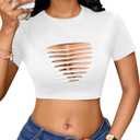 Remidoo Women's Sexy Distressed Ripped Crop Top Short Sleeve Cropped T Shirt Summer Cutout Tops White Small (White, S)