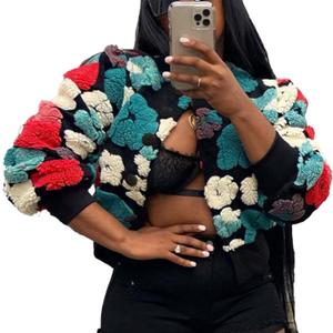 OPCAKM Women's Cropped Floral Print Shacket Jackets Round Neck Long Sleeve Bomber Coat Outerwears (Medium, Green)
