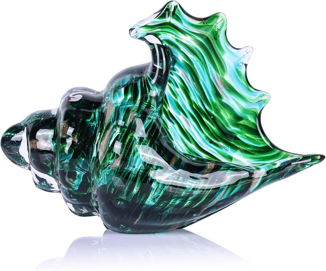 LCCCK Hand Blown Glass Conch Shell Sculpture, Sea Glass Art Figurines, Beachy Room Decor, Teal Conch Shell Decorative Statues, Sea Shell Coastal Decor for Shelf House Room, Beachy Gifts (Green)