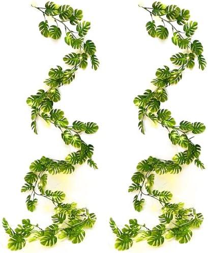 RECUTMS Artificial Monstera Leaf Vines Whit Light 2Pcs, 5.9FT Fake Hanging Ivy Plant Faux Tropical Palm Leaves Greenery Vine Garland Indoor Outdoor Garden Porch Patio Jungle Luau Birthday Party Décor