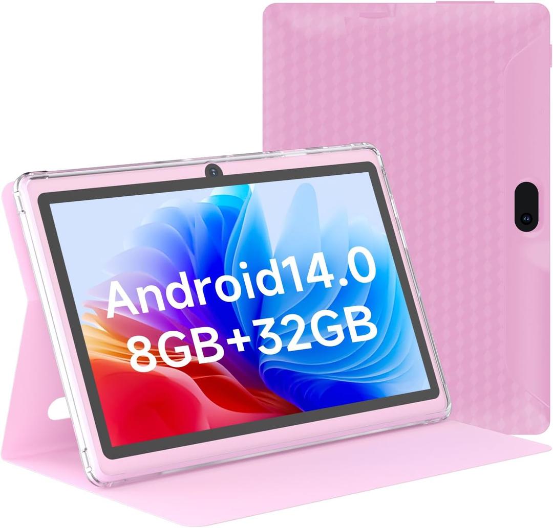 HOTTABLET Tablet 7Inch Android 14.0 with Protective Case, 8GB(3+5GB Expand) RAM+ 32GB ROM, IPS Screen, Dual Camera, Bluetooth 5.0 WiFi Tab (Pink)
