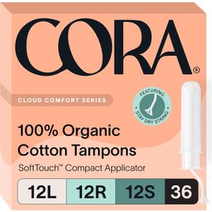 Cora Organic Tampons Multipack (12 Light, 12 Regular, 12 Super Tampons)