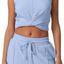 QINSEN Womens Crewneck Twist Front Sleeveless Crop Top Tank Drawstring Shorts Casual 2PCS Lounge Sets (Large, Airy Blue)