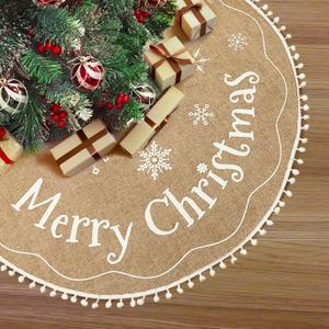 OurWarm Christmas Tree Skirt 48 Inches, Burlap Tree Skirt for Artificial Trees Printed with Snowflakes and Merry Christmas, Brown Rustic Tree Skirt for Christmas Decorations New Year Holiday Party