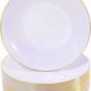 Nervure 100 Pieces Gold Plastic Plates - 10.25 inch Gold Dinner Plates - Heavyweight White and Gold Disposable Plates Ideal for Wedding & Party