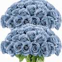 LVEFIT Artificial Rose Flower Artificial Flowers Flower with Long Stem Silk Roses Bouquet for Wedding Bridal Shower Party Home Decoration (Dusty Blue, 50 Pcs)