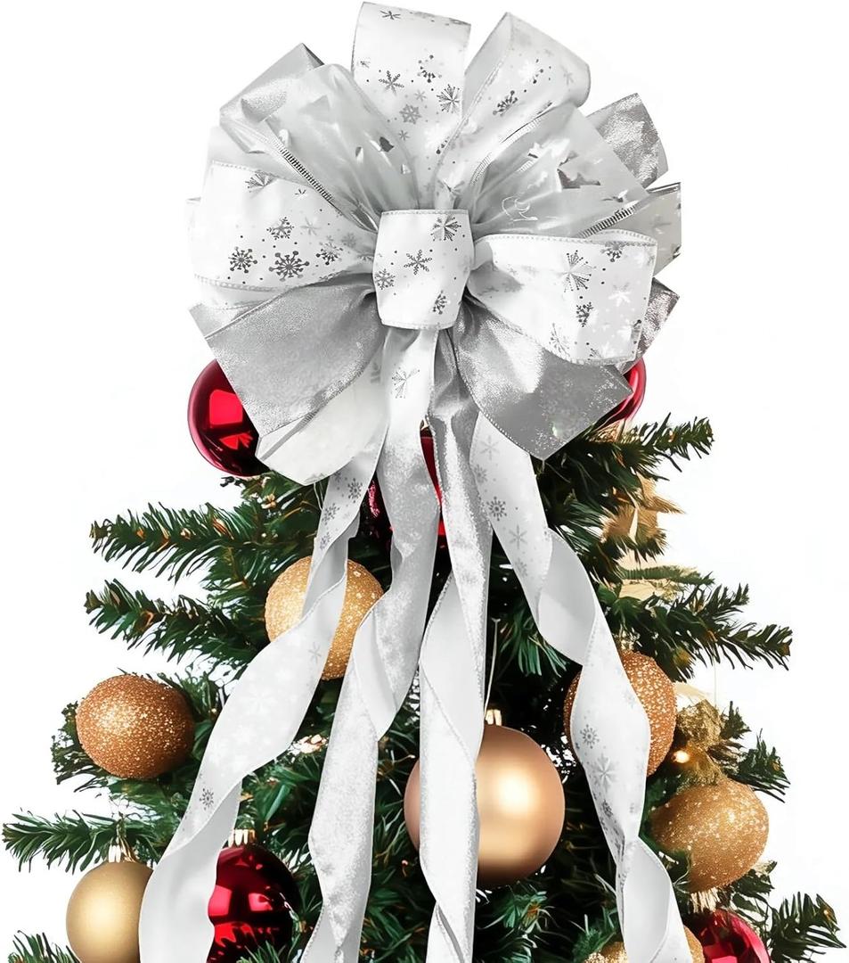 45 * 13Inch Christmas Tree Topper Bow Decoration, Large Glitter Tree Decoration Ornaments(Silver)