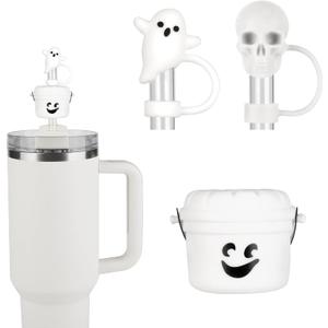 3 x Funny Halloween Buckets Straw Covers for Stanley Cup - Cute Ghost Skull Toppers Compatible With 30&40 OZ 10mm Straw, Halloween Covers Cap for Tumble Cups, Manual