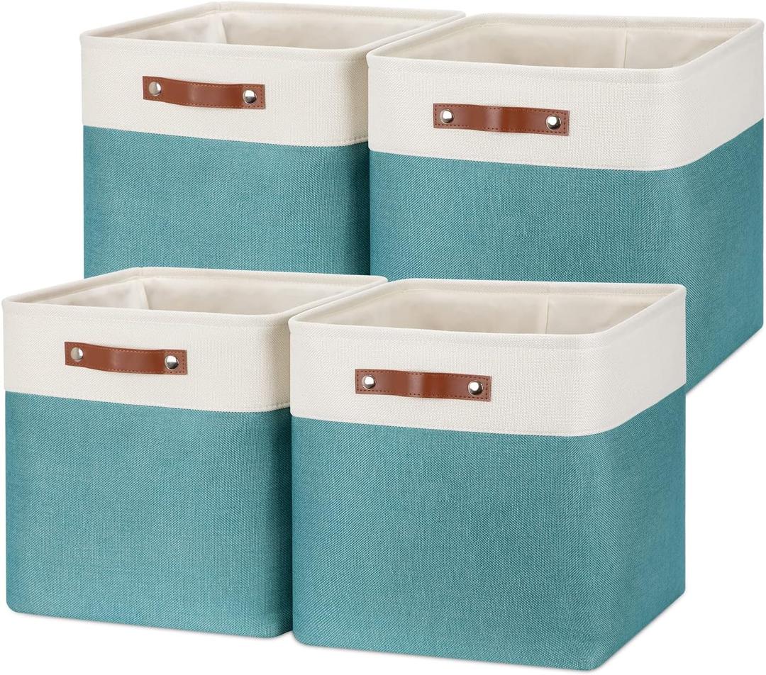 Temary Fabric Storage Cubes 13x13 Storage Baskets for Organizing, 4Pack Large Fabric Storage Bins with Handles Cube Storage Baskets for Storage Clothes, Books (White&Teal)