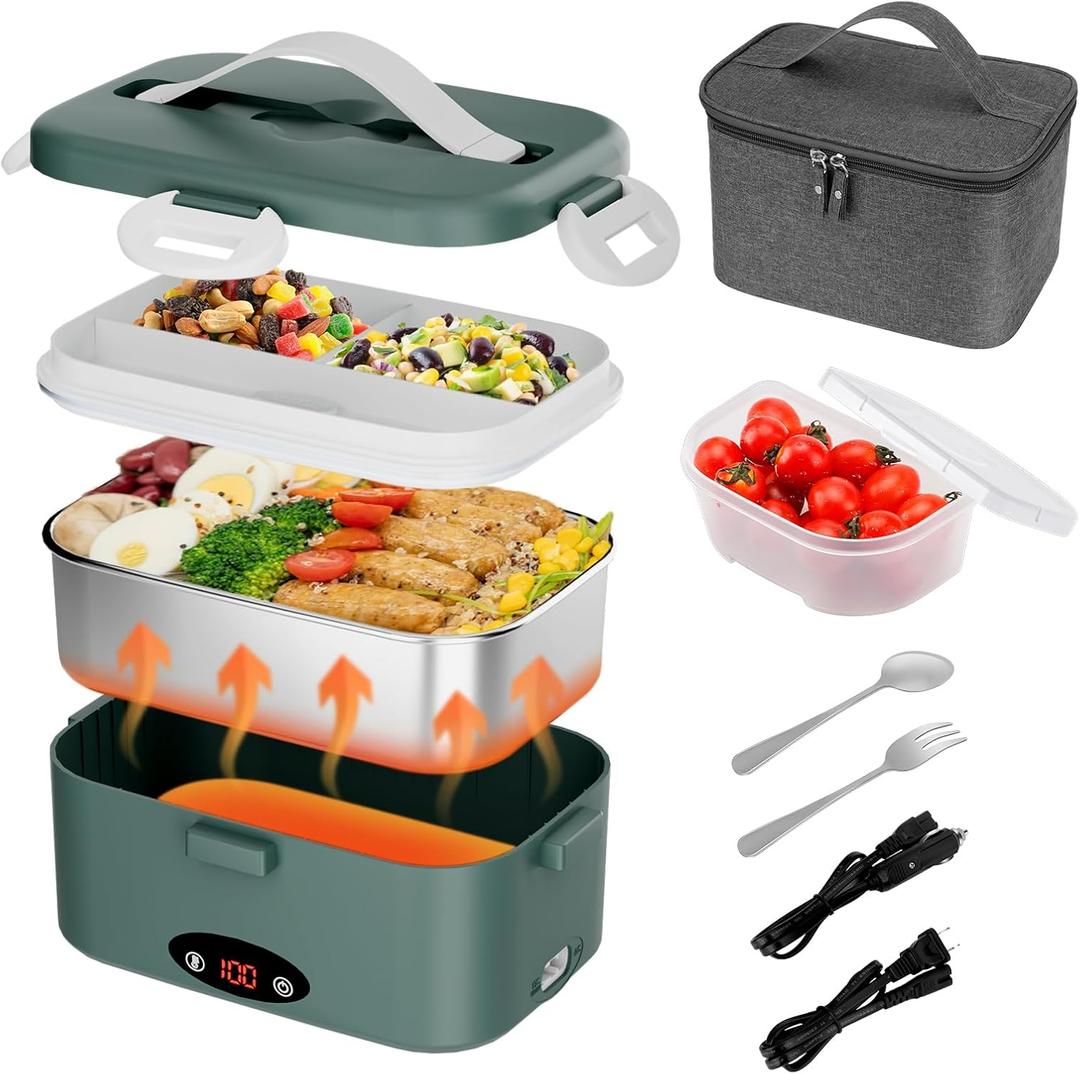 Electric Lunch Box with 3 Temperature Levels, 100W Fast Heating heated lunch box, 12V/24V/110V 1.8L Portable Food Warmer for Office, Car, and Truck, Includes Upgraded Bag & Extra Compartments(Green)