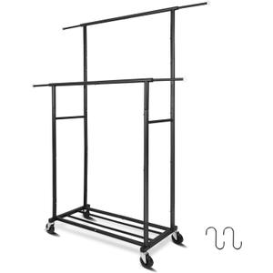 Fishat Stand Portable Black Double Rods Garment Rack with Rolling Clothes Organizer on Lockable Wheels Mobile, 48" W x 15" D x 67" H, Metal Simple Hanging Clothes with 2 Hook