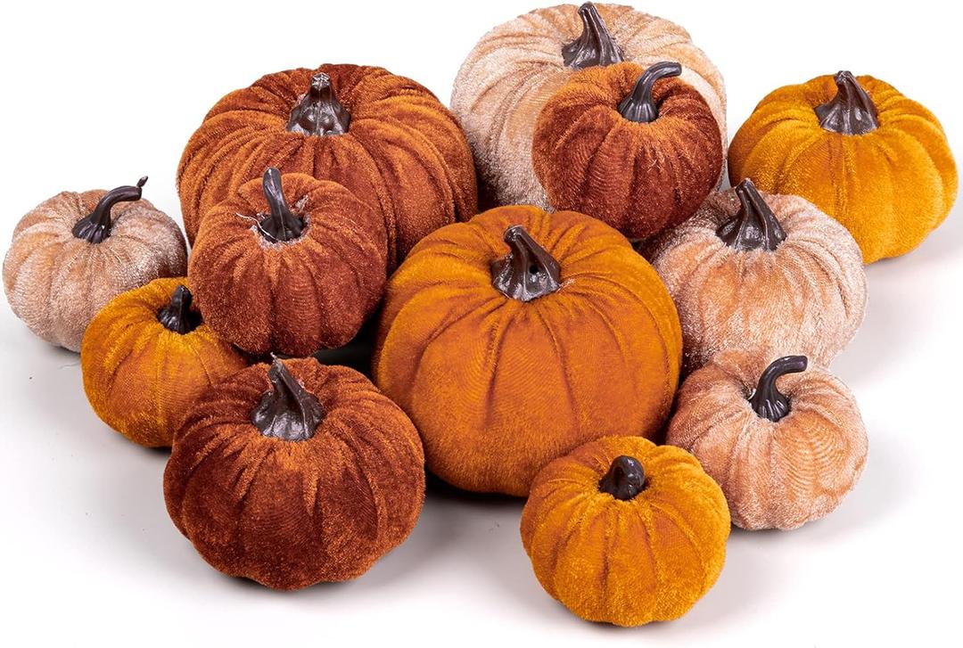 Whaline 12Pcs Fall Faux Velvet Pumpkins Thanksgiving Harvest Artificial Fake Pumpkin Rustic Assorted Sizes Orange Brown Khaki Small Foam Pumpkins for Fall Wedding Party Home Table Decor
