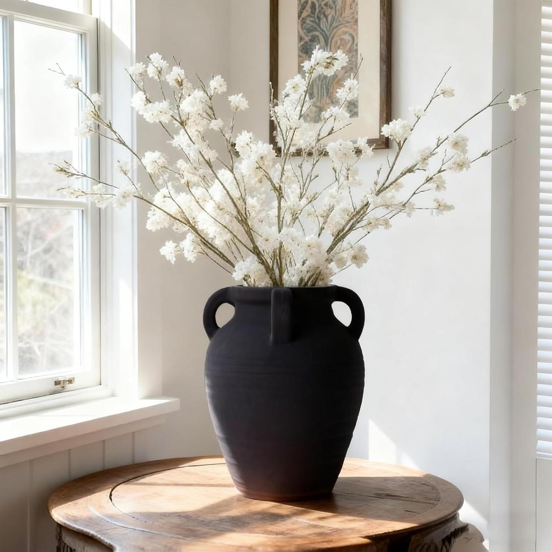 Handmade Black Terracotta Vase, 8.2" Tall with 4 Ears, Wide Mouth Ceramic Vases, Vintage Farmhouse Vase, Rustic Antique Matte Finish Decor Vases for Home, Living Room