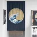 SPANKER SPACE Japanese Noren Navy Blue Cool Funny Anime Kraken Hokusai Great Waves Asian Drape Split Doorway Curtain, Hallway Closet Privacy Partition Divider Kitchen Door Dcor, 34"x60"
