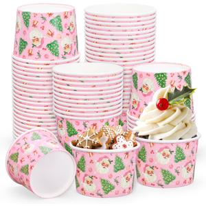 Whaline 50 Pcs Christmas Snack Cups Pink Santa Claus Xmas Tree Disposable Bowls 9oz Ice Cream Dessert Treat Paper Bowls for Hot Iced Food Birthday Baby Shower Party Supplies