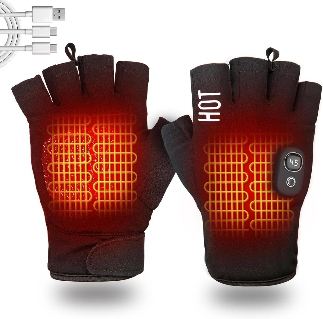 Electric Heated Fingerless Gloves for Men & Women - Touchscreen Gloves for Working in Cold Winter Weather Rechargeable, Black