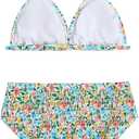 Girl's Tie Dye Smocked 2 Piece Swimwear Sets Backless Halter Bikini Cute Brief Bathing Suit (Floral Multicolor)