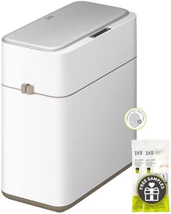 EKO Automatic Bathroom Trash Can with Lid, 2.1 Gallon Touchless Garbage Bin with Removable Bucket, Slim Stainless Steel Garbage Bin, Motion Sensor Trash Can for Bathroom, Bedroom, Office, White
