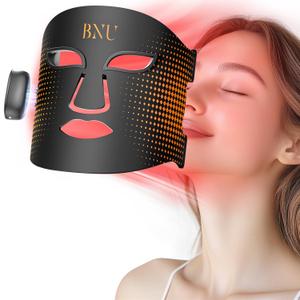 BNU Wireless Led Face Mask Light Therapy, 3 Modes Red Light Therapy for Face with 400 LED Beads, Dual 1000mAh Remote Control, 850NM Infrared Red Light Therapy for Anti-Aging at Home & Travel (Deep Black)