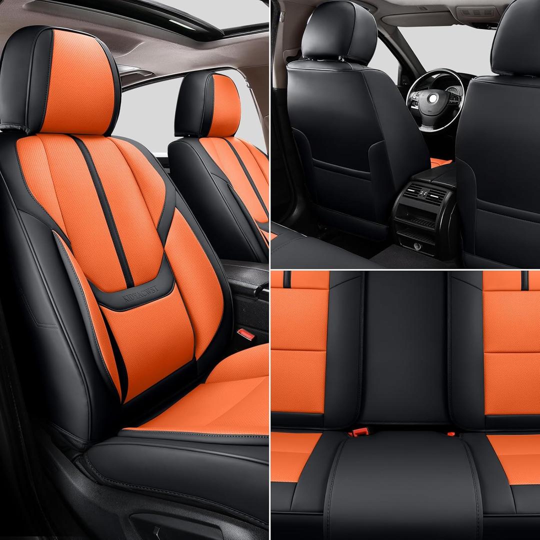 Auto Car Seat Covers Accessories Full Set Leather Cushion Protector Breathable Waterproof Seat Cover for Cars Universal Fit (Black&Orange, FullSet Without Headrest)