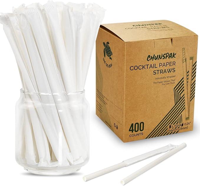 [310Pack] Compostable Short Paper Straws Individually Wrapped, 5.75" x 0.24", Dye-free White - Great for Kids, Milk Cartons, Cocktail & Coffee